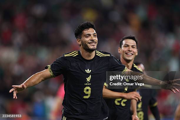 Raul Jimenez of Mexico celebrates after scoring the opening goal during an international friendly match between Mexico and South Korea at GEODIS Park...