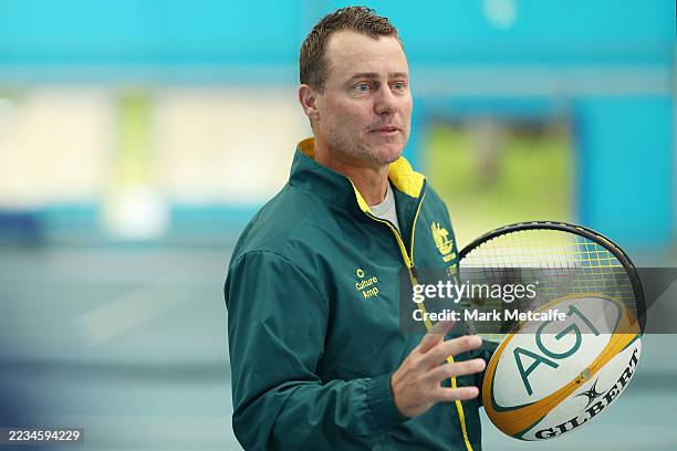 Lleyton Hewitt speaks to Wallabies Harry Wilson and Corey Toole during a media opportunity at Sydney Olympic Park Tennis Centre on September 10, 2025...