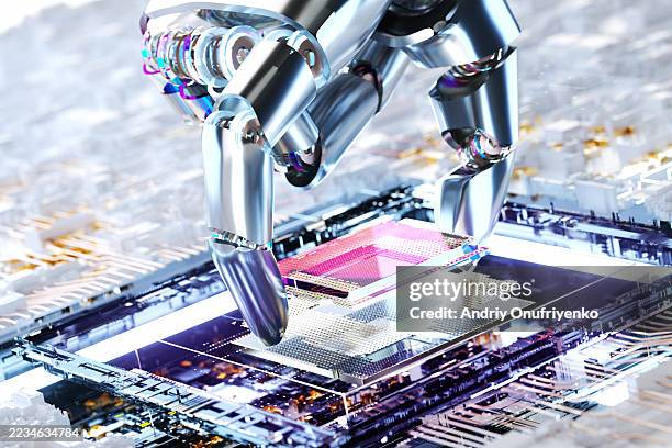 robot placing microchip on socket - computer processor stock pictures, royalty-free photos & images