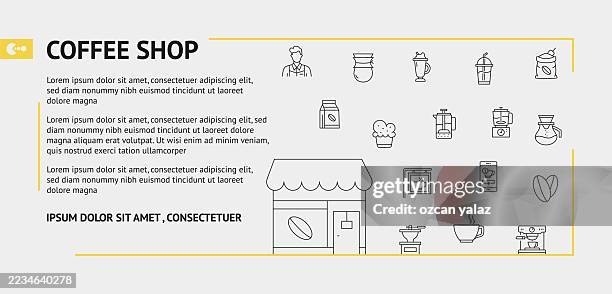 vector illustration coffee shop concept set. design for web page, banner, poster, print, etc. vector illustration. - bread packaging stock illustrations