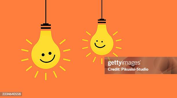 ilustrações de stock, clip art, desenhos animados e ícones de smiling light bulbs illustration on orange background for ideas and creativity concept - eficiência energética