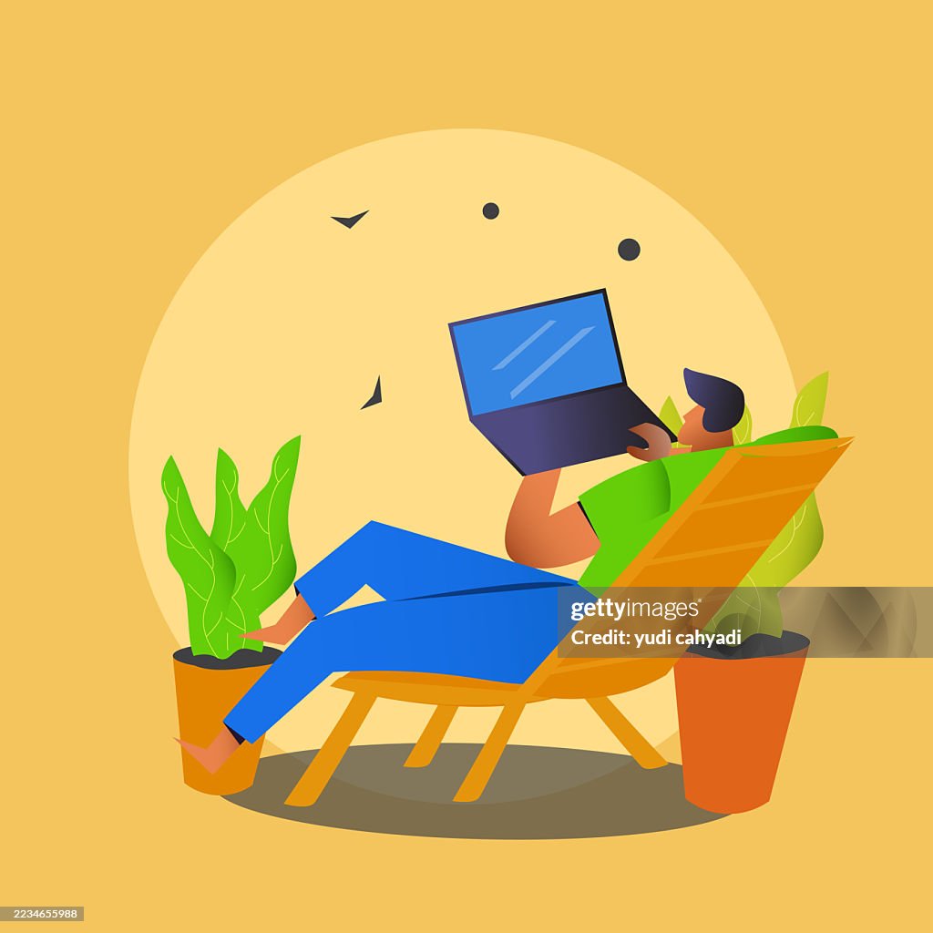 Ilustración vectorial de trabajo remoto - Hombre que trabaja en una computadora portátil al aire libre relajándose en un sillón con plantas