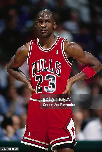 Portrait of Michael Jordan, Shooting Guard and Small Forward for the Chicago Bulls looking on with hands on hips during the NBA Midwest Division...