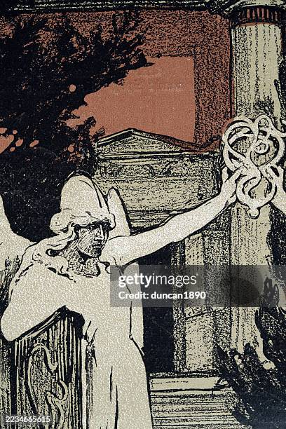 valkyrie standing in front of a tomb entrance, german, art nouveau, jugendstil, 1899, vintage illustration - valkyrie mythological figure stock illustrations
