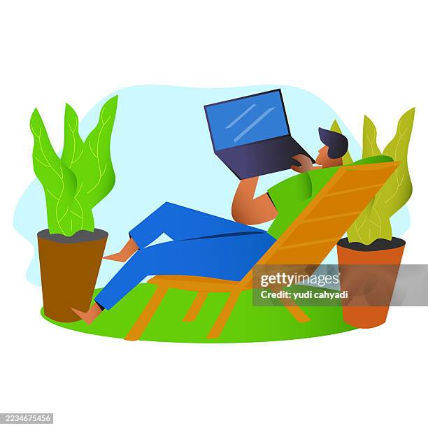 remote work outdoors – man using laptop on garden recliner with plants and sky background - using laptop outside stock illustrations