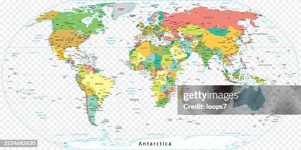 illustrazioni stock, clip art, cartoni animati e icone di tendenza di mappa dettagliata del mondo politico con sfondo trasparente - geografia fisica