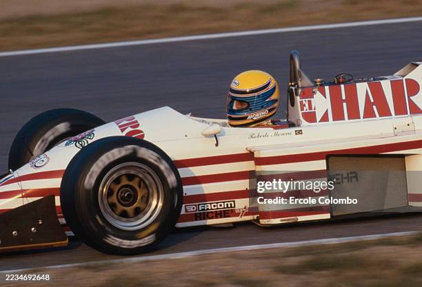 Tight cockpit side view of Roberto Moreno from Brazil driving the Team El Charro AGS AGS JH22 Cosworth V8 during the Formula One Japanese Grand Prix...