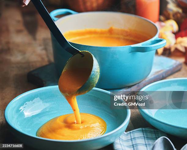 preparing butternut pumpkin soup with cream and roasted pumpkin seeds - graine de citrouille photos et images de collection