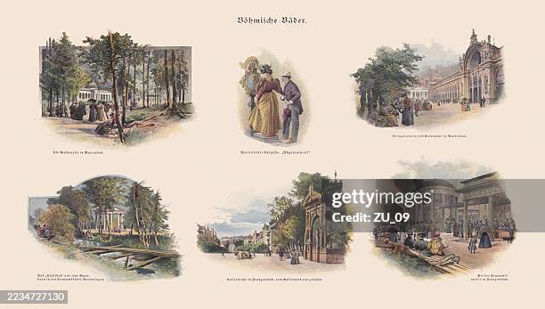bohemian spas (19th century), three-colour halftone print, published in 1897 - františkovy lázně stock illustrations