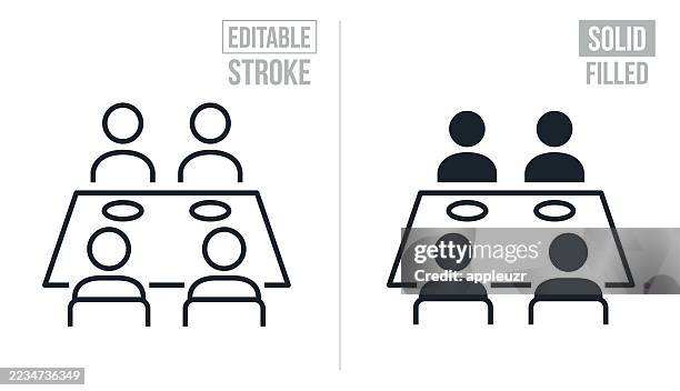 family of four seated at dining table having a meal together - editable stroke and solid icons - business dinner stock illustrations