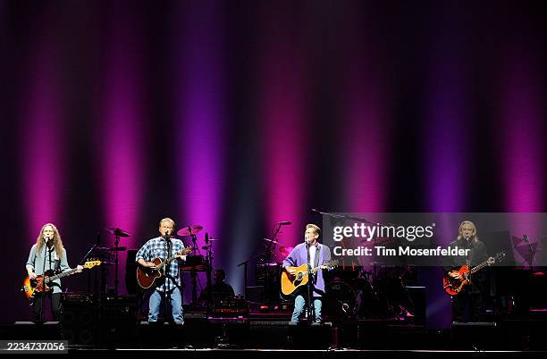 Timothy B. Schmit, Don Henley, Glenn Frey, and Joe Walsh of The Eagles perform part of the bands' Long Road Out of Eden Tour at Arco Arena on April...