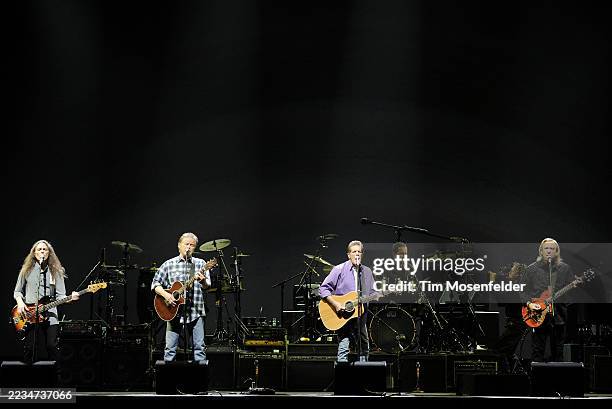 Timothy B. Schmit, Don Henley, Glenn Frey, and Joe Walsh of The Eagles perform part of the bands' Long Road Out of Eden Tour at Arco Arena on April...