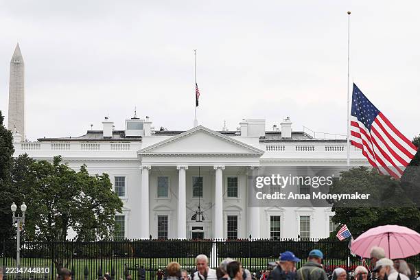 The American flags near the White House on the North Lawn fly at half staff following the death of Turning Point USA founder and conservative...