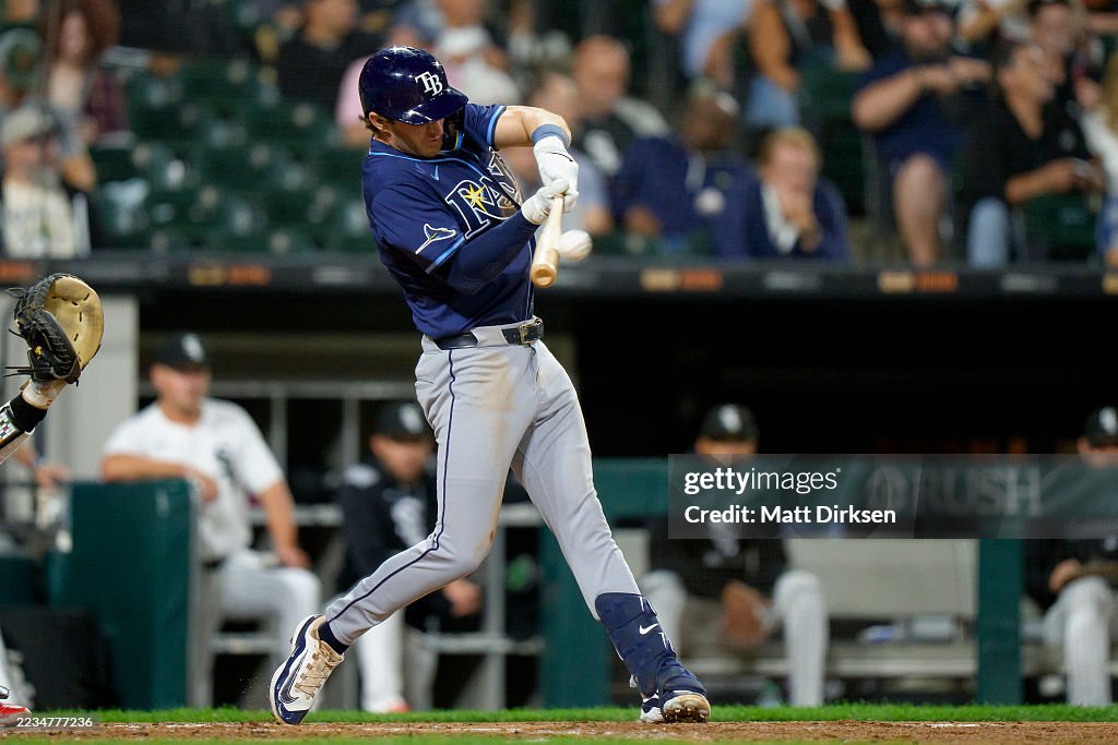 Chicago Rays Carson Williams of the Tampa Bay Rays hits a solo home run in the ...