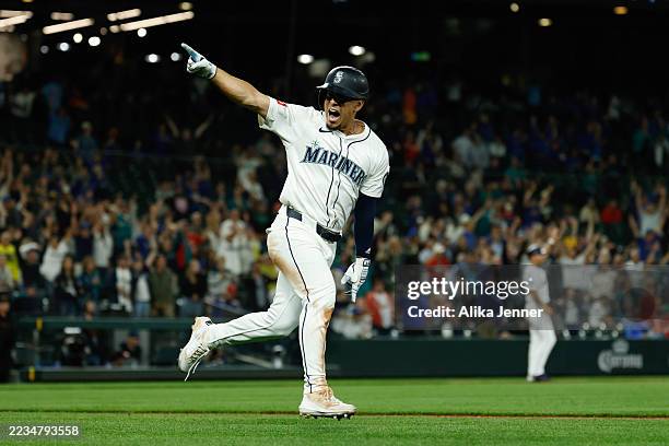 Leo Rivas of the Seattle Mariners reacts after hitting a walk-off two-run home run during the 13th inning against the St. Louis Cardinals at T-Mobile...
