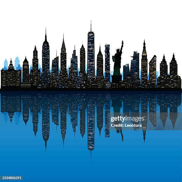 new york city in lights skyline silhouette (alle gebäude sind verschiebbar und komplett) - manhattan municipal building stock-grafiken, -clipart, -cartoons und -symbole