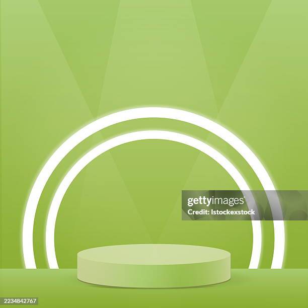 green background with circular neon lights and empty podium - conference stage background stock illustrations