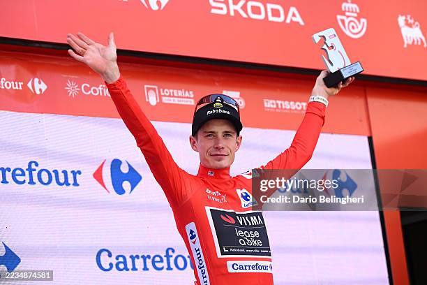 Jonas Vingegaard of Denmark and Team Visma | Lease a Bike - Red Leader Jersey celebrates at podium during the La Vuelta - 80th Tour of Spain 2025,...
