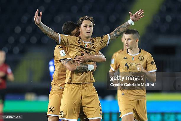 Salvatore Esposito of Spezia Calcio celebrates after scoring a goal during the Serie B match between Empoli FC and Spezia Calcio at Stadio Carlo...