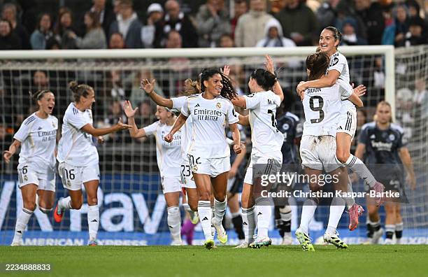 Signe Bruun of Real Madrid celebrates scoring her team's second goal with teammates during the UEFA Women's Champions League qualifier match between...
