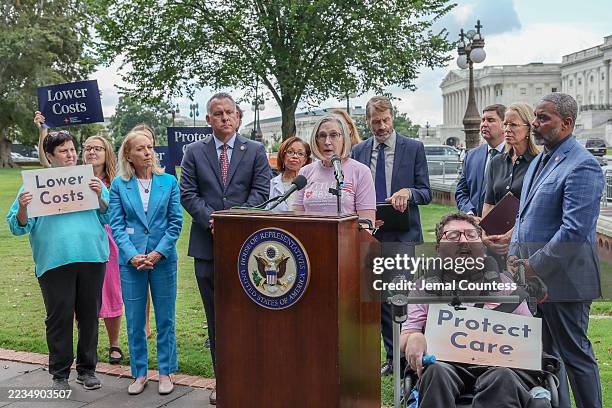 Disability rights advocate Jeneva Stone speaks during the "Protect Healthcare, Lower Costs" press conference on Capitol Hill on September 11, 2025 in...