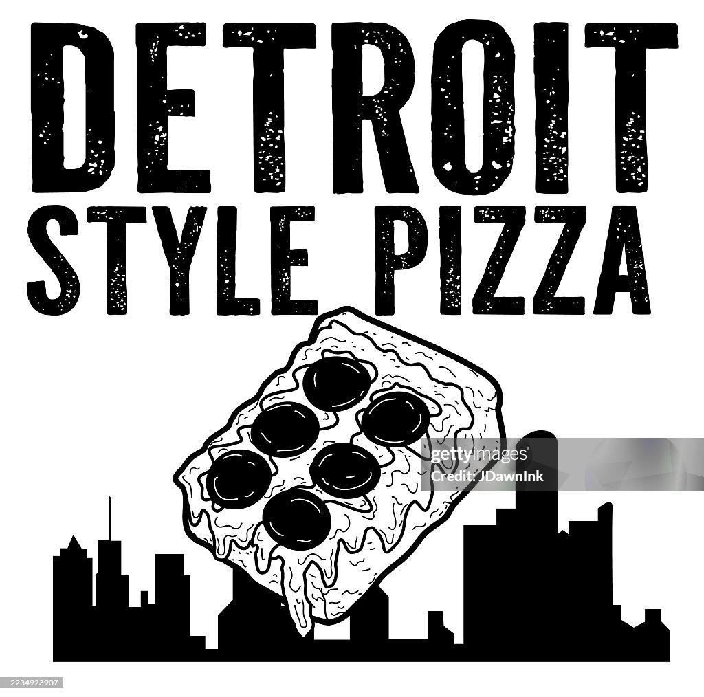 Retro Detroit-style Pizza logo typography design with square pizza slice and Detroit skyline. Lot's of texture