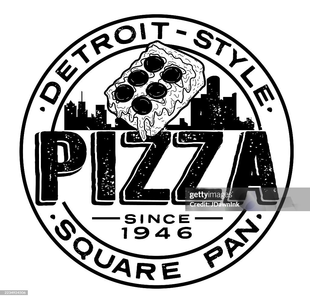 Retro Detroit-style Pizza round logo typography design with square pizza slice and Detroit skyline. Lot's of texture