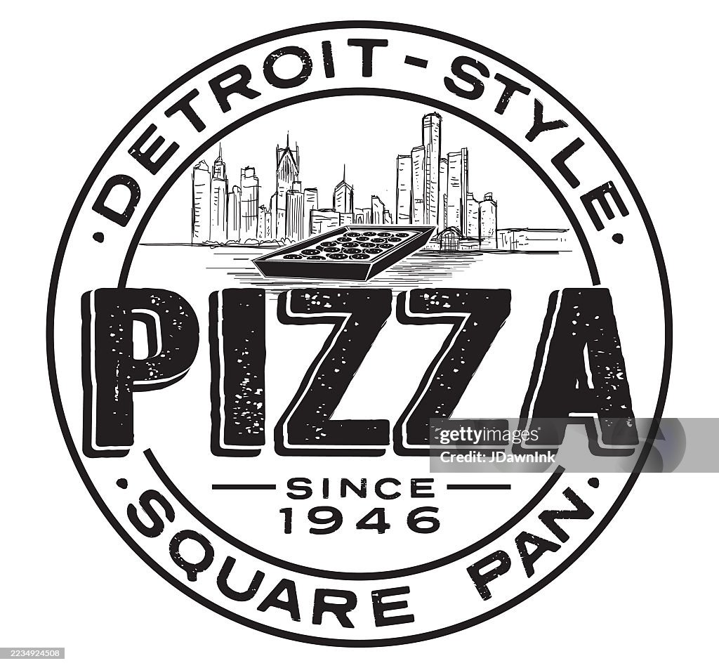 Retro Detroit-style Pizza round logo typography design with square pan pizza and Detroit skyline. Lot's of texture