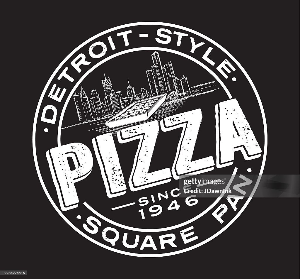 Retro Detroit-style Pizza round logo typography design with square pan pizza and Detroit skyline. Lot's of texture