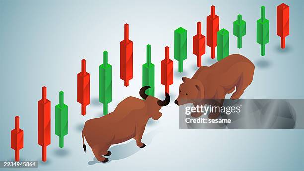der finanzmarkt, der kampf zwischen bären und bullen, investoren und händlern an der börse. isometrische ansicht der kämpfenden bären und bullen in einem börsenchart - fondsmanager stock-grafiken, -clipart, -cartoons und -symbole