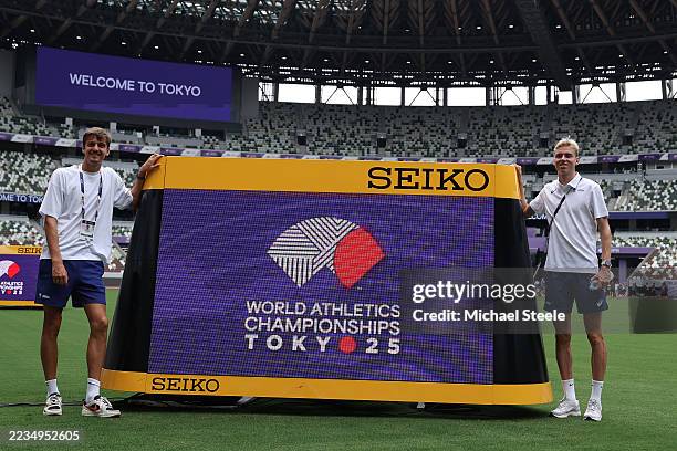 Stefan Nillessen and Niels Laros of Netherlands during a open training session ahead of the World Athletics Championships Tokyo 2025 at National...
