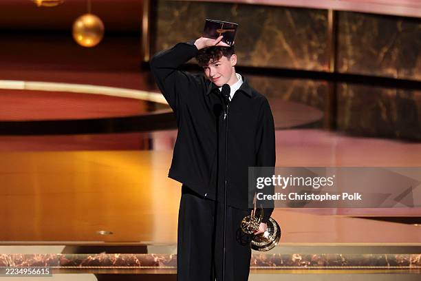 Owen Cooper accepts the Emmy award for Outstanding Supporting Actor in a Limited Anthology Series or Movie for "Adolescence" at the 77th Primetime...