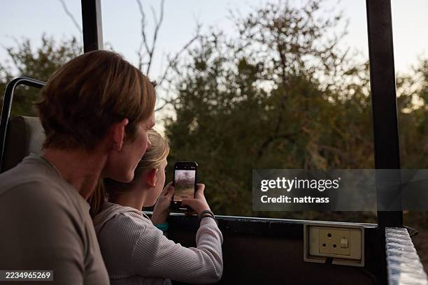 mother and child on safari car capturing wildlife with a camera phone. - limpopo province stock pictures, royalty-free photos & images