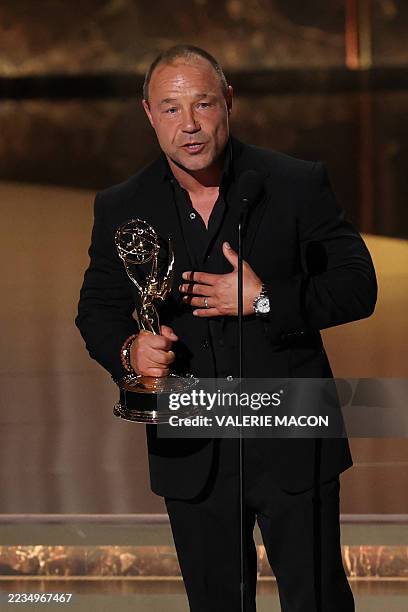 British actor Stephen Graham accepts the Outstanding Lead Actor in a Limited or Anthology Series or Movie award for "Adolescence" onstage during the...