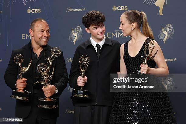 Los Angeles, CA September 14, 2025 Stephen Graham, Owen Cooper, and Erin Doherty, with their Emmys for Outstanding Limited or Anthology Series, Lead...