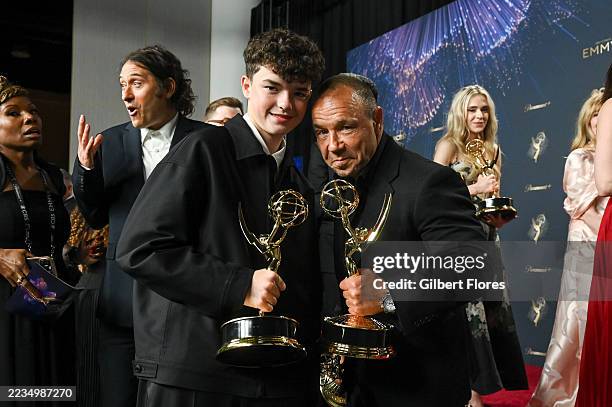 Owen Cooper, Stephen Graham pose with their Outstanding Lead Actor in a Limited or Anthology Series or Movie and Outstanding Supporting Actor in a...
