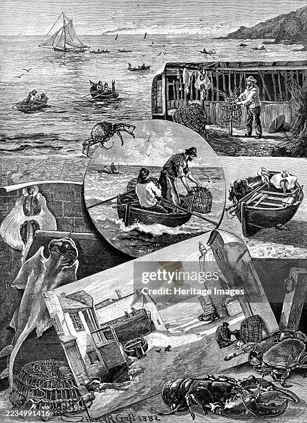 Our Fishing Industries: Crab-Catching at St. Goran, Mcvagissev Bay, Cornwall, 1883. '1. Crabber making bis pots or traps. 2. Crabber's boat, with...
