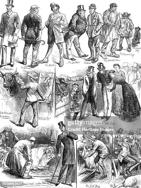 Sketches at the Smithfield Club Cattle Show, 1881. 'The Proprietor, The Breeder, The Dealer, The Butcher, The Drover, The Drover's Man, the Drover's...