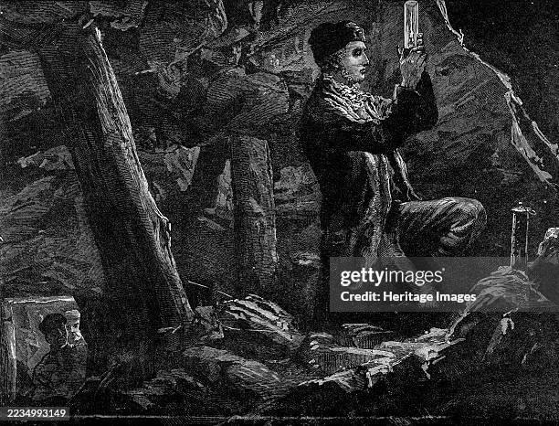 George Stephenson, the Father of Railways: Stephenson experimenting with the Safety Lamp in a mine, 1881. '...he invented the safety-lamp, stimulated...