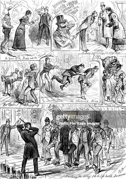 Preparing for the Pantomime, 1881. 'Rehearsing Valentine & Orson pantomime, Covent Garden Theatre: The Genii of the Shield and the Demon; The...