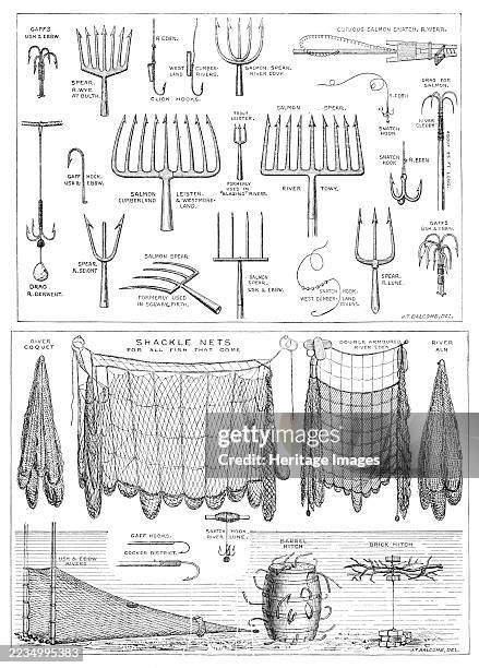 The International Fisheries Exhibition: salmon-poaching implements: Mr. Ffennell's Collection, 1883. Collection of hooks, spears, nets and other...