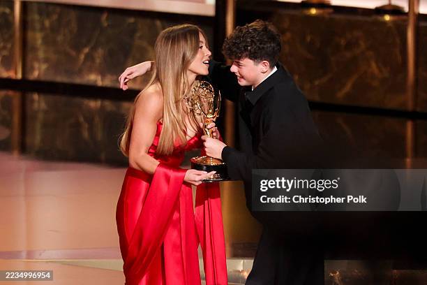 Sydney Sweeney, Owen Cooper accepts the Emmy award for Outstanding Supporting Actor in a Limited Anthology Series or Movie for "Adolescence" at the...