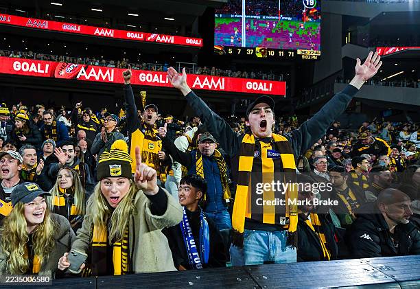 Hawthorn supporters celebrates a goal during the AFL Semi Final match between Adelaide Crows and Hawthorn Hawks at Adelaide Oval on September 12,...