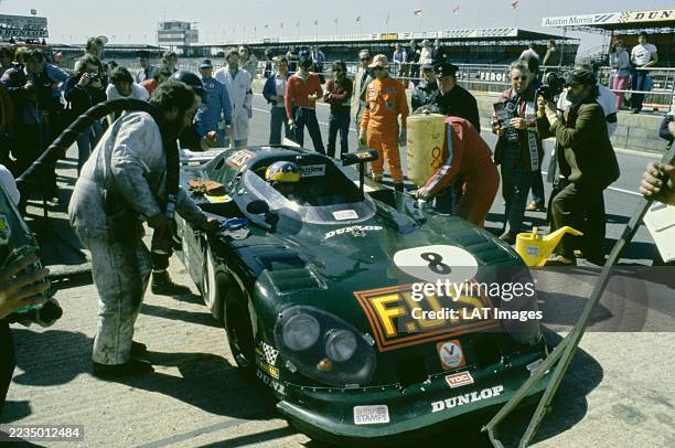 Desiré Wilson from South Africa driving the Alain de Cadenet Racing De Cadenet LM Ford Cosworth DFV V8 makes a refuelling and tyre changing pit stop...