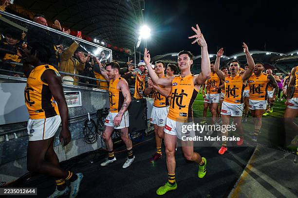 Hawthorn celebrate as they head down their race after winning the AFL Semi Final match between Adelaide Crows and Hawthorn Hawks at Adelaide Oval on...