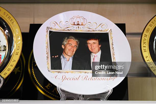 Satirical commemorative plate made by the group "Everyone Hates Elon" featuring convicted sex trafficker Jeffrey Epstein and US President Donald...