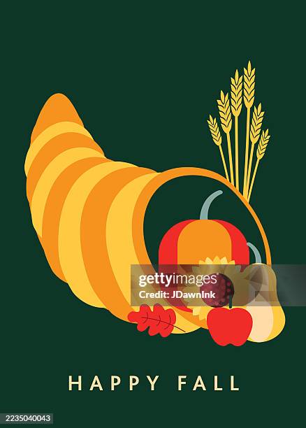 happy fall greeting card design template in vibrant colors with thanksgiving fall cornucopia harvest theme - cornucopia vector stock illustrations