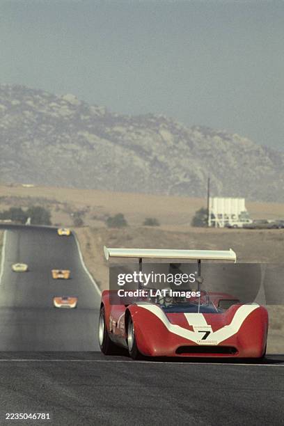 John Surtees from Great Britain drives the Team Surtees Lola T160 TS Chevrolet V8 during the Canadian-American Challenge Cup Los Angeles Times Grand...