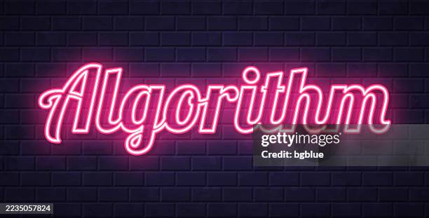 algorithm - glowing neon text on brick wall background - math formula background stock illustrations