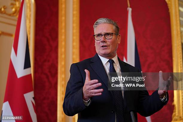 British Prime Minister Keir Starmer speaks as he hosts representatives of the Civil Nuclear industry during a reception at Lancaster House on...